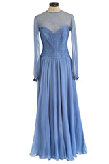 Incredible 1980s Valentino Haute Couture Pale Blue Silk Chiffon Dress w Elaborate Gathered Bodice