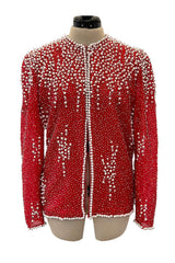 Prettiest 1980s Victoria Royal Faux Pearl & Silver Tube Bead Red Jacket
