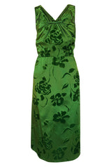 c.1955 Jean Desses Green Silk Dress w Fused Velvet Detailing