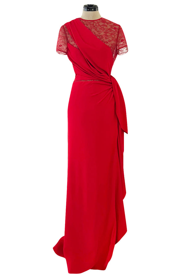 Stunning 2010s Valentino Supermodel Long Red Silk Crepe Dress w Illusion Lace Bodice
