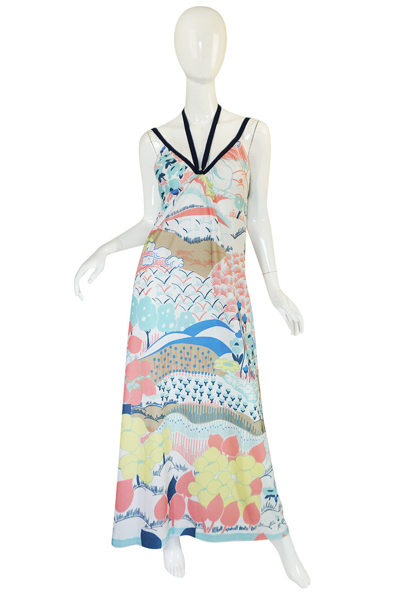 1970s Lanvin Pastel Scenic Printed Jersey Maxi Dress