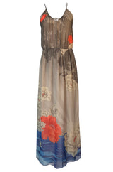 1970s Hanae Mori Sunrise & Large Floral Print Silk Chiffon Halter Dress