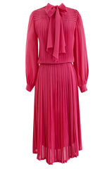 1970s Louis Feraud Haute Couture Hand Pleated Pink Silk Chiffon Day Dress w Bow