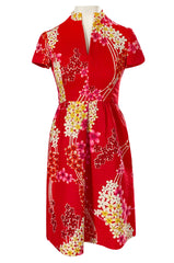 1970s Malcolm Starr Cherry Red Floral Print Dress w Rhinestone Detailing