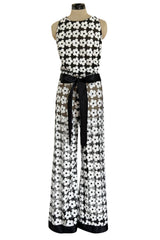 Spring 2015 Chanel by Karl Lagerfeld Black Net & White Sequin Flower Pant & Top Set
