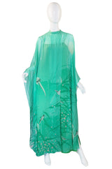 1970s Hanae Mori Silk Chiffon Bird Caftan