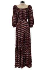 Incredible 1970s Givenchy Demi-Couture Pinecone Print Ruffle Skirt & Peaked Shoulder Top Set