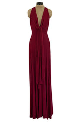 Important 1975 Halston Couture Deep Burgundy Front Wrap & Tie Silk Jersey Plunge Dress