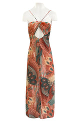 Documented 1976 John Kloss Feather Printed Front Cut Out Nylon Jersey Dress