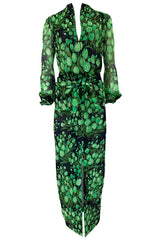Spring 1972 Pauline Trigere Cotton Silk Voile Green Tulip Print Skirt & Top Set