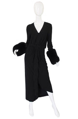 1980s Halston Fur Cuff Black Jersey Gown