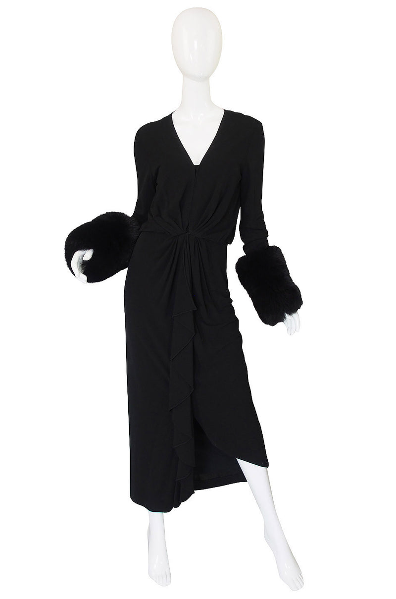1980s Halston Fur Cuff Black Jersey Gown