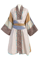 1980s Koos Van Den Akker Patchwork Collage Wrapped Cotton Coat or Dress w Wide Sash