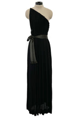 Fabulous Late 1970s James Galanos Intricate Flute Pleated Black Silk Jersey One Shoulder Dress