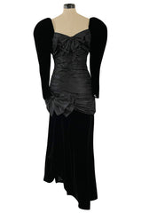 Dramatic 1980s Nina Ricci Black Velvet & Silk Taffeta Dress w Fabulous Sleeves & Slit Skirt