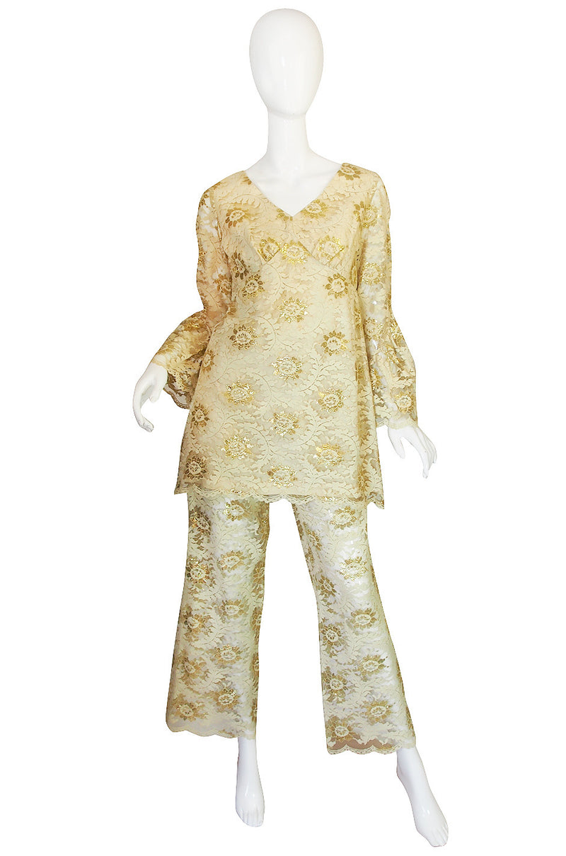 1960s Cream and Gold Lace Pants & Tunic Set