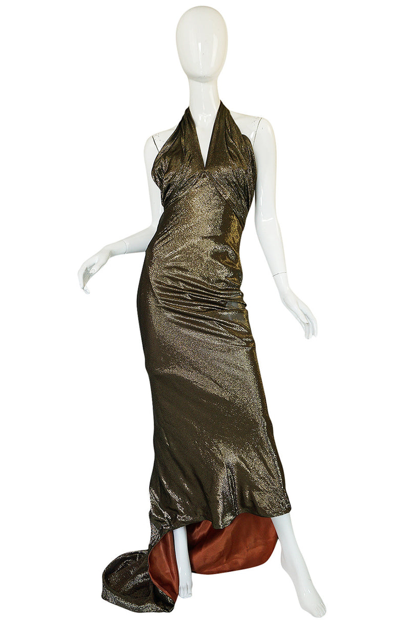1930s Hollywood Starlet Burnished Gold Trained Halter Dress