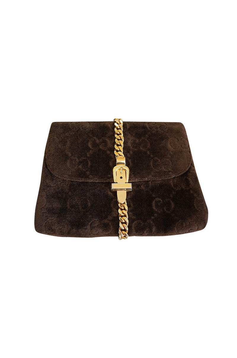 Fantastic 1970s Brown Velvet and Gold Buckle Gucci Clutch