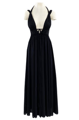 1970s Frank Usher Black Jersey Maxi Dress w Deep Front Plunge & No Back