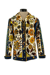 1960s Emilio Pucci Ivory, Yellow, Tan & Deep Blue Print Cotton Velvet Jacket