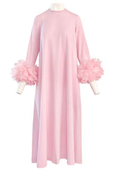 1960s Odette Barsa Loose & Easy Fitting Pink Caftan w Wide Pink Feather Cuffs