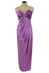 Fall 1985 Emanuel Ungaro Runway Structured Bodice Strapless Dress Made from a Dotted Purple Silk