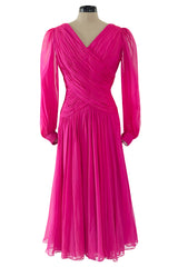 Gorgeous 1980s Richeline 'Valentino' Pink Silk Chiffon Dress w Full Sleeves & Plunge Front