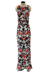 Stunning 1930s Coral, Black & Pale Grey Floral Silk Print Bias Cut Backless Dress