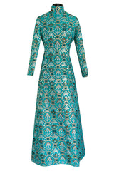 Gorgeous 1970s Mollie Parnis Turquoise Dress w Metallic Gold & Silver Detailing