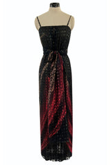 1970s Pauline Trigere Metallic Gold Thread on Pritned Silk Chiffon Dress & Sash