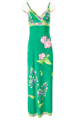 1970s Leonard Paris Green Floral Print Silk Jersey Halter Dress