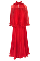 1970s Alfred Bosand Red Chiffon Accordion Pleat Dress & Matching Cape