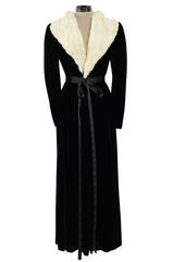 Exceptional 1920s I Magnin Inky Black Velvet Coat w Extravagant White Ermine Collar