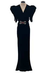 Incredible 1930s Black Silk Velvet Wrap Bias Cut Dress w Elaborate Metal & Bead Belt