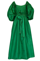1960s Richiline Emerald Green Silk Dress w Pouf Sleeves & Rhinestone Detail