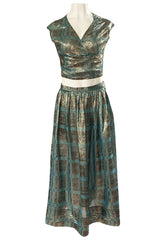 1980s Geoffrey Beene Gold & Turquoise Silk Lame Metallic Skirt & Top Set
