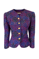 1983 Yves Saint Laurent Gold Metallic Thread Quilted Purple Print Jacket