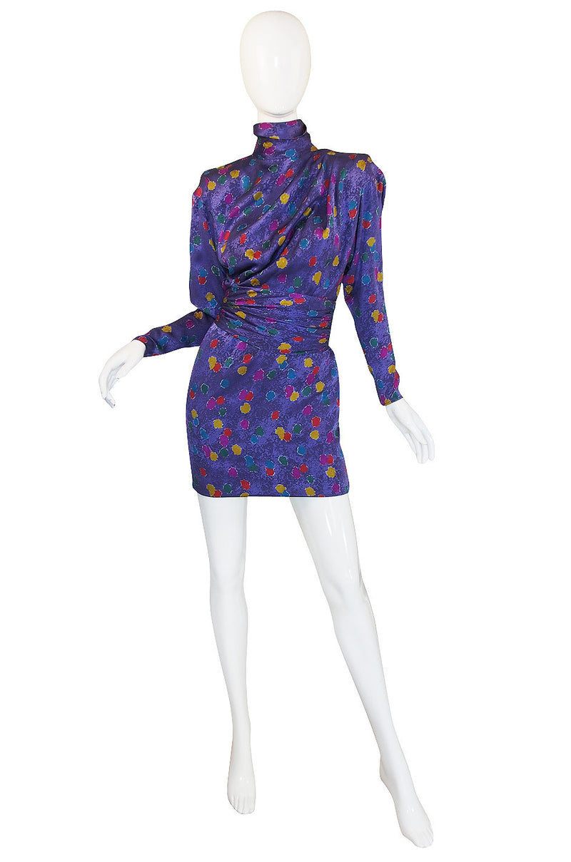 1980s Ungaro Multi Color Dot Silk Mini Dress