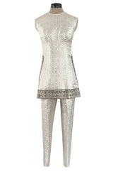 1960s Malcolm Starr Silver Silk Brocade Pant & Tunic Set w Extensive Beaded Detailing