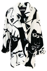 1980s Donnybrook Graphic Black & White Face Print Faux Fur Coat