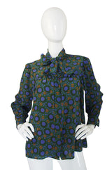 1970s Yves Saint Laurent Green Print Silk Top