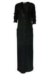 1970s Bill Blass Black Knit Wool Jersey & Silk Sequin Covered Cardigan Dress
