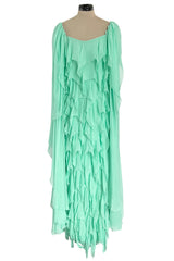 Prettiest 1980s Stavropoulos Soft Mint Green Silk Chiffon Dress w Full Cape Sleeves
