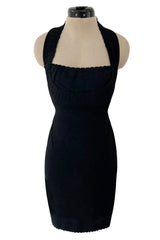 Documented Spring 1992 Azzedine Alaia Black Knit Mini Dress w Curving Halter Neckline