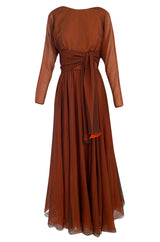 1960s Geoffrey Beene Chocolate Chiffon Over an Orange Inlay Backless Maxi Dress