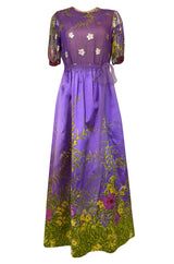 1960s Oscar de la Renta Prettiest Painted Floral Silk & Metallic Dress