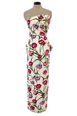 Beautiful 1950s Philip Hulitar Couture Brilliant Floral on Ivory Print Silk Strapless Dress