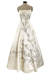 Gorgeous 1950s Emma Domb Ivory Matte Satin Dress w Sequin & 3D Flower Detailing