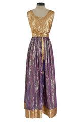 Fabulous 1970s Adolfo Metallic Gold, Green and Purple Silk Skirt, Tassle Belt & Top Set