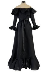 Gorgeous 1972 Nina Ricci Black Silk Gazaar Off Shoulder Dress W Ruffled Finishes